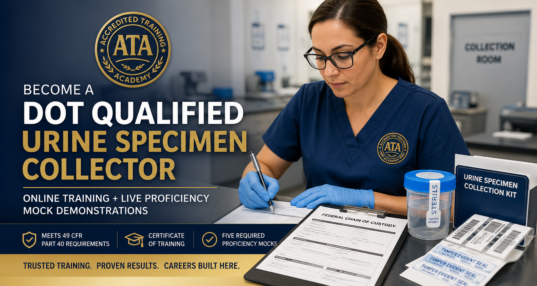 DOT urine specimen collector completing online collector training and proficiency mock demonstrations